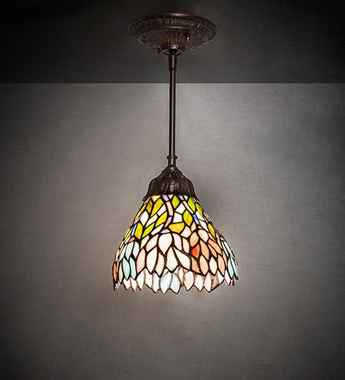 Meyda Lighting Wisteria 7" Mahogany Bronze Mini Pendant Light With Multi-Colored Stained Shade Glass