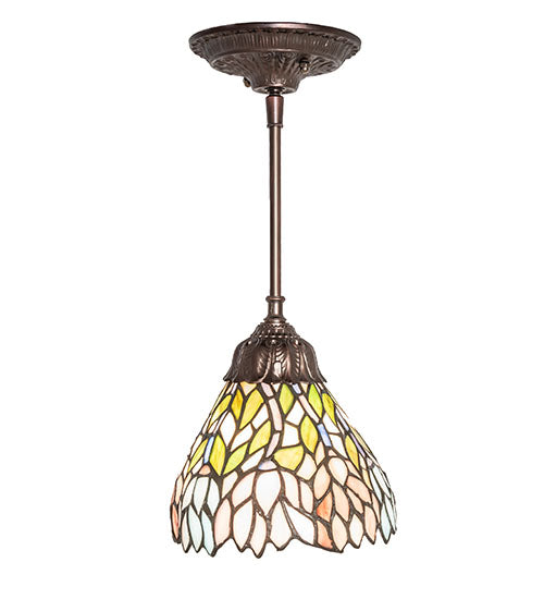 Meyda Lighting Wisteria 7" Mahogany Bronze Mini Pendant Light With Multi-Colored Stained Shade Glass