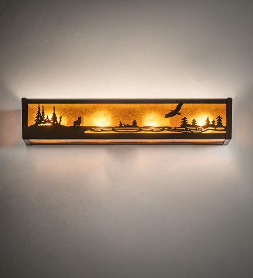 Meyda Lighting Wolf and Eagle on the Loose 24" 4-Light Timeless Bronze Vein Vanity Light With Amber Mica Shade Glass