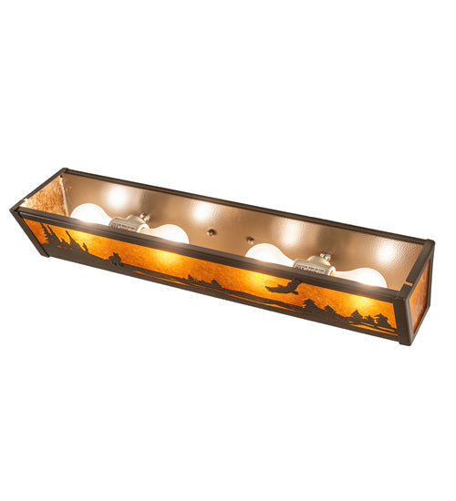 Meyda Lighting Wolf and Eagle on the Loose 24" 4-Light Timeless Bronze Vein Vanity Light With Amber Mica Shade Glass