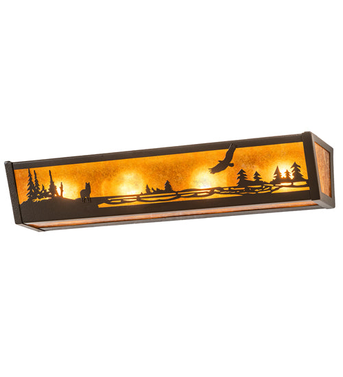 Meyda Lighting Wolf and Eagle on the Loose 24" 4-Light Timeless Bronze Vein Vanity Light With Amber Mica Shade Glass