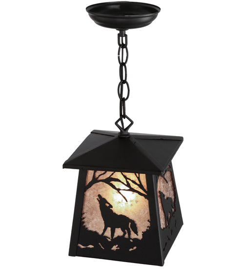 Meyda Lighting Wolf at Dawn 10" Textured Black Mini Pendant Light With Silver Mica Shade Glass