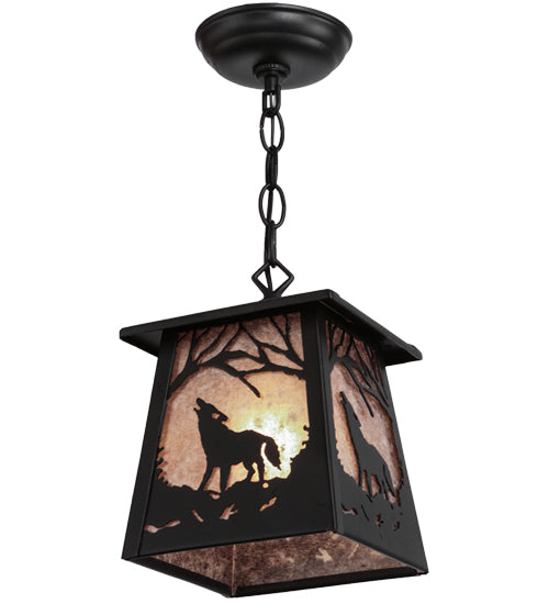 Meyda Lighting Wolf at Dawn 10" Textured Black Mini Pendant Light With Silver Mica Shade Glass