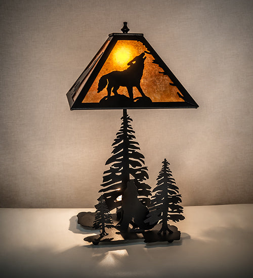 Meyda Lighting Wolf at Dawn 22" 2-Light Black Satin Wrought Iron Table Lamp With Amber Mica Shade Glass and Lighted Base