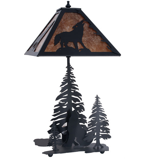 Meyda Lighting Wolf at Dawn 22" 2-Light Black Satin Wrought Iron Table Lamp With Amber Mica Shade Glass and Lighted Base