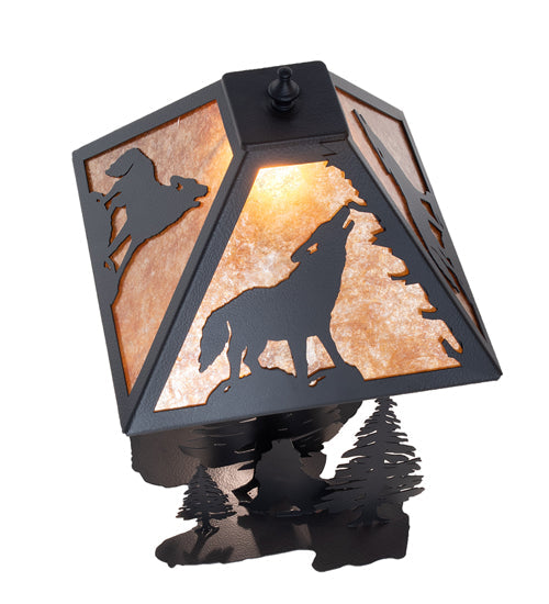 Meyda Lighting Wolf at Dawn 22" 2-Light Black Satin Wrought Iron Table Lamp With Amber Mica Shade Glass and Lighted Base