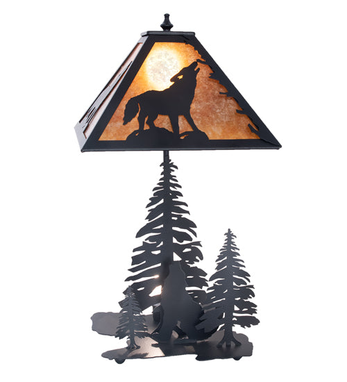 Meyda Lighting Wolf at Dawn 22" 2-Light Black Satin Wrought Iron Table Lamp With Amber Mica Shade Glass and Lighted Base