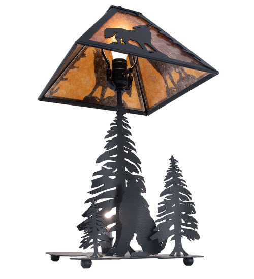 Meyda Lighting Wolf at Dawn 22" 2-Light Black Satin Wrought Iron Table Lamp With Amber Mica Shade Glass and Lighted Base