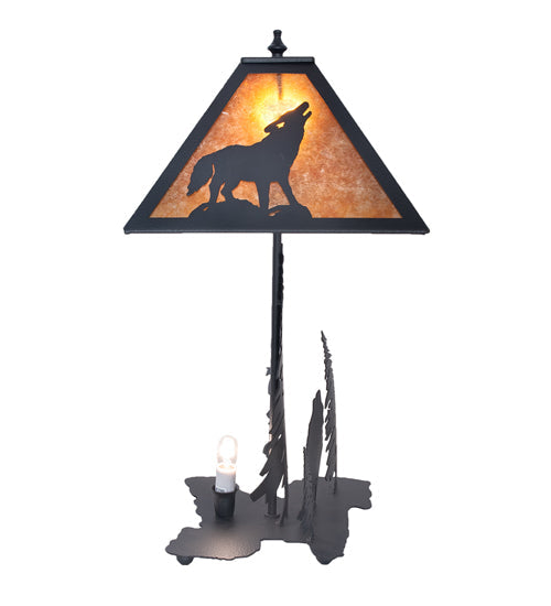 Meyda Lighting Wolf at Dawn 22" 2-Light Black Satin Wrought Iron Table Lamp With Amber Mica Shade Glass and Lighted Base