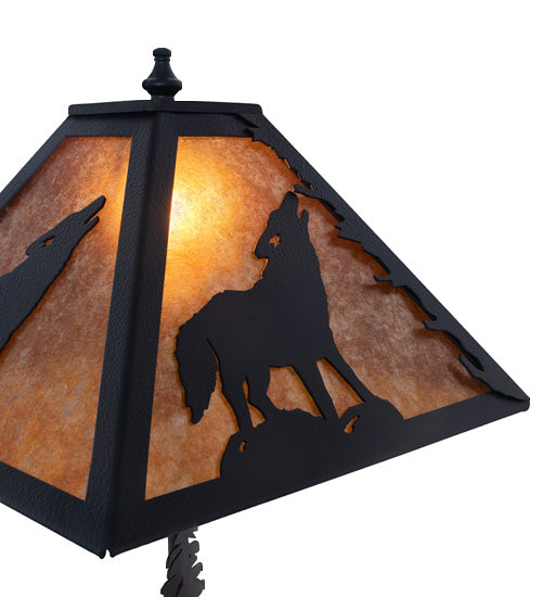 Meyda Lighting Wolf at Dawn 22" 2-Light Black Satin Wrought Iron Table Lamp With Amber Mica Shade Glass and Lighted Base