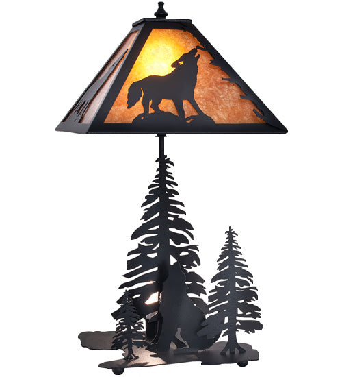 Meyda Lighting Wolf at Dawn 22" 2-Light Black Satin Wrought Iron Table Lamp With Amber Mica Shade Glass and Lighted Base