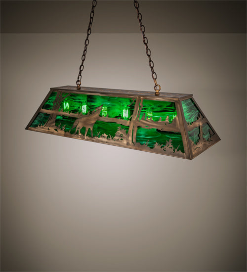 Meyda Lighting Wolf at Lake 48" 6-Light Antique Copper Island Pendant Light With Emerald Green Art Shade Glass