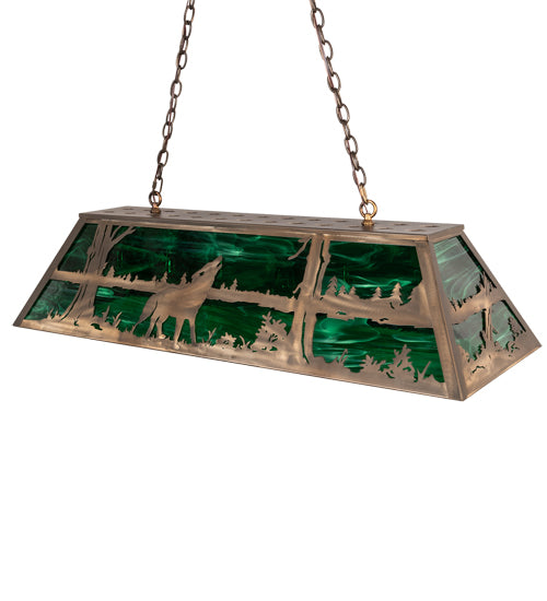 Meyda Lighting Wolf at Lake 48" 6-Light Antique Copper Island Pendant Light With Emerald Green Art Shade Glass
