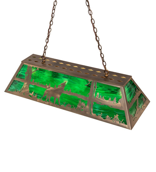 Meyda Lighting Wolf at Lake 48" 6-Light Antique Copper Island Pendant Light With Emerald Green Art Shade Glass