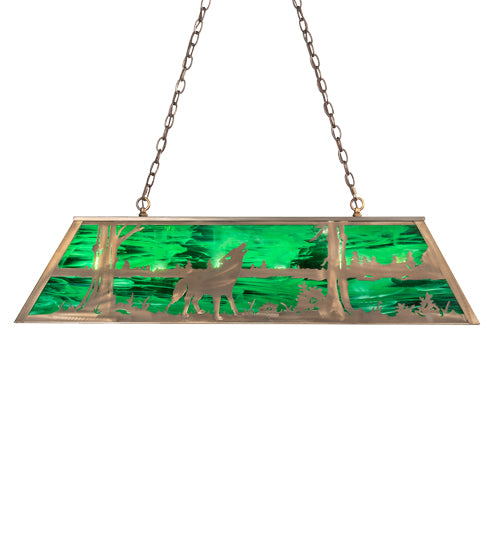 Meyda Lighting Wolf at Lake 48" 6-Light Antique Copper Island Pendant Light With Emerald Green Art Shade Glass