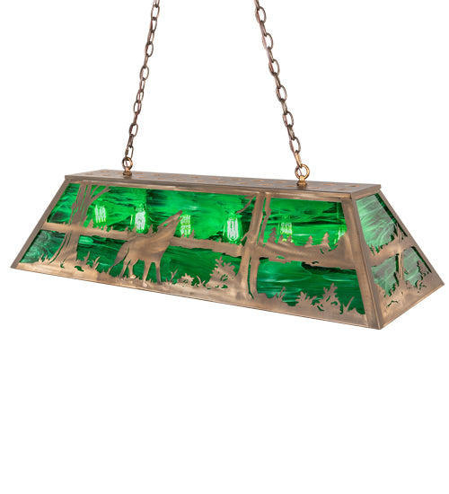 Meyda Lighting Wolf at Lake 48" 6-Light Antique Copper Island Pendant Light With Emerald Green Art Shade Glass