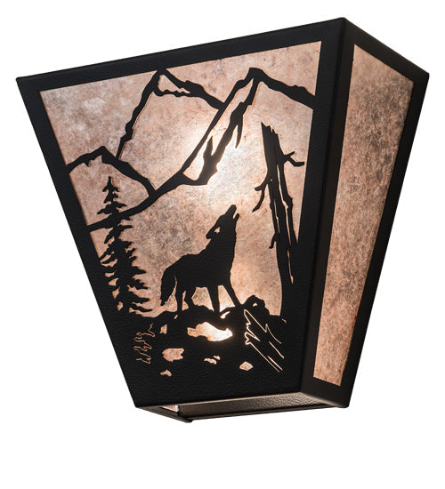 Meyda Lighting Wolf on the Loose 13" 2-Light Black Satin Wrought Iron Wall Sconce With Silver Mica Shade Glass