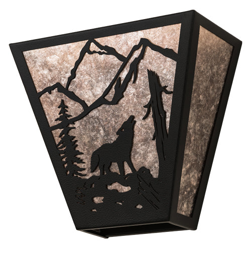 Meyda Lighting Wolf on the Loose 13" 2-Light Black Satin Wrought Iron Wall Sconce With Silver Mica Shade Glass