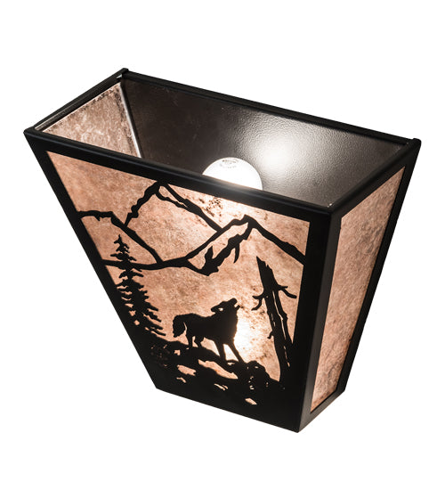 Meyda Lighting Wolf on the Loose 13" 2-Light Black Satin Wrought Iron Wall Sconce With Silver Mica Shade Glass