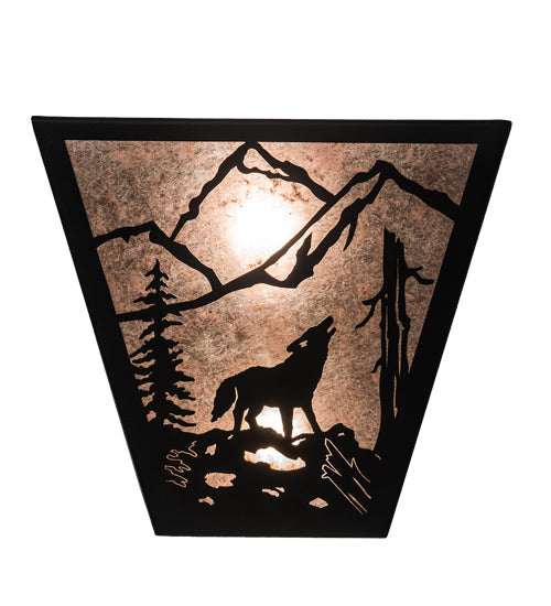 Meyda Lighting Wolf on the Loose 13" 2-Light Black Satin Wrought Iron Wall Sconce With Silver Mica Shade Glass