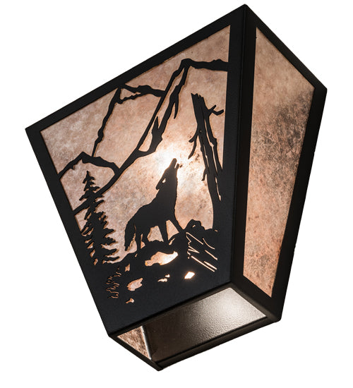 Meyda Lighting Wolf on the Loose 13" 2-Light Black Satin Wrought Iron Wall Sconce With Silver Mica Shade Glass