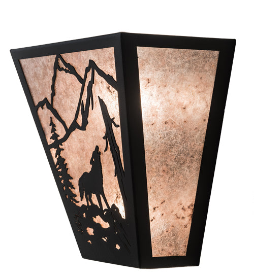 Meyda Lighting Wolf on the Loose 13" 2-Light Black Satin Wrought Iron Wall Sconce With Silver Mica Shade Glass