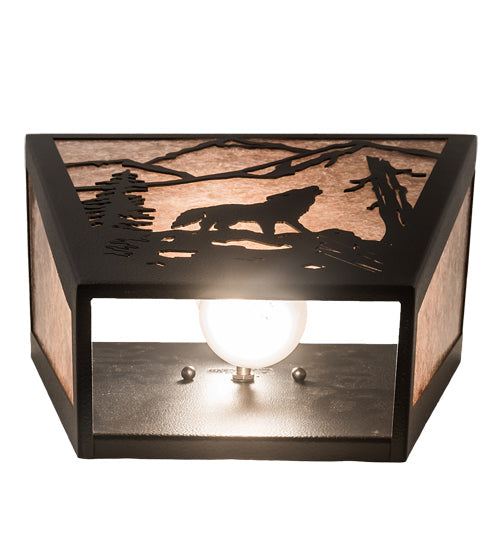 Meyda Lighting Wolf on the Loose 13" 2-Light Black Satin Wrought Iron Wall Sconce With Silver Mica Shade Glass