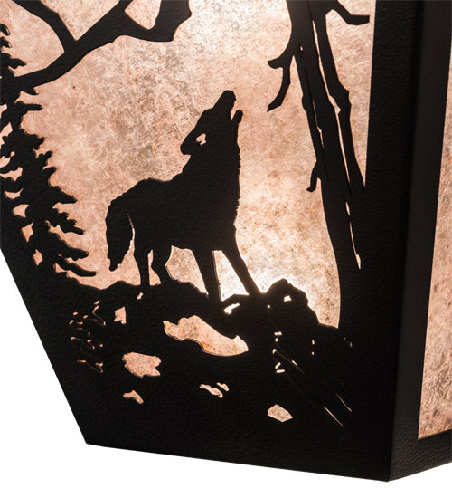 Meyda Lighting Wolf on the Loose 13" 2-Light Black Satin Wrought Iron Wall Sconce With Silver Mica Shade Glass