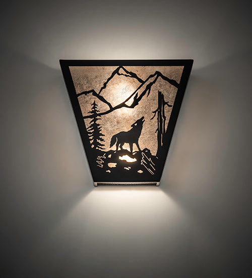 Meyda Lighting Wolf on the Loose 13" 2-Light Black Satin Wrought Iron Wall Sconce With Silver Mica Shade Glass