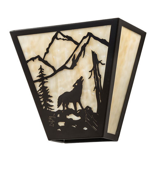 Meyda Lighting Wolf on the Loose 13" 2-Light Timeless Bronze Wall Sconce With Beige Art Shade Glass