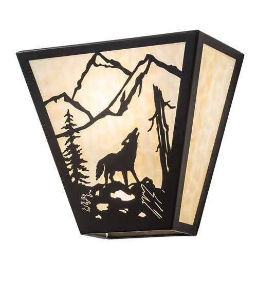 Meyda Lighting Wolf on the Loose 13" 2-Light Timeless Bronze Wall Sconce With Beige Art Shade Glass