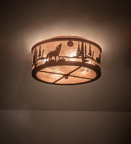 Meyda Lighting Wolf on the Loose 18" 4-Light Rust Flush Mount Light With Silver Mica Shade Glass