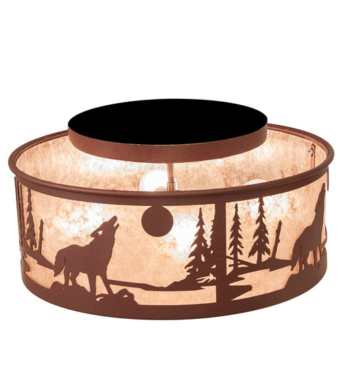 Meyda Lighting Wolf on the Loose 18" 4-Light Rust Flush Mount Light With Silver Mica Shade Glass
