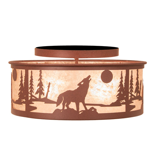 Meyda Lighting Wolf on the Loose 18" 4-Light Rust Flush Mount Light With Silver Mica Shade Glass