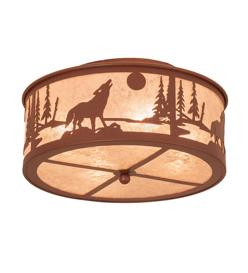 Meyda Lighting Wolf on the Loose 18" 4-Light Rust Flush Mount Light With Silver Mica Shade Glass