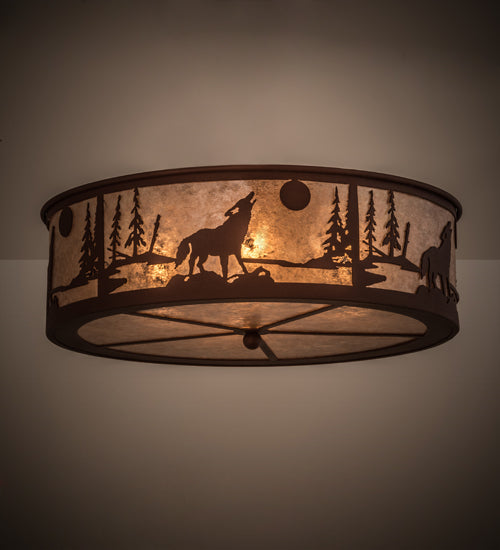 Meyda Lighting Wolf on the Loose 23" 4-Light Rust Flush Mount Light With Silver Mica Shade Glass