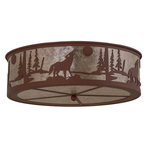 Meyda Lighting Wolf on the Loose 23" 4-Light Rust Flush Mount Light With Silver Mica Shade Glass