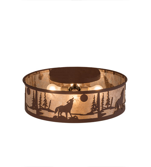Meyda Lighting Wolf on the Loose 23" 4-Light Rust Flush Mount Light With Silver Mica Shade Glass