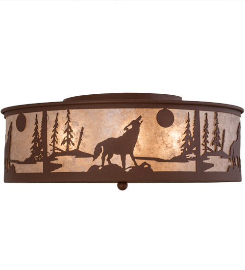Meyda Lighting Wolf on the Loose 23" 4-Light Rust Flush Mount Light With Silver Mica Shade Glass