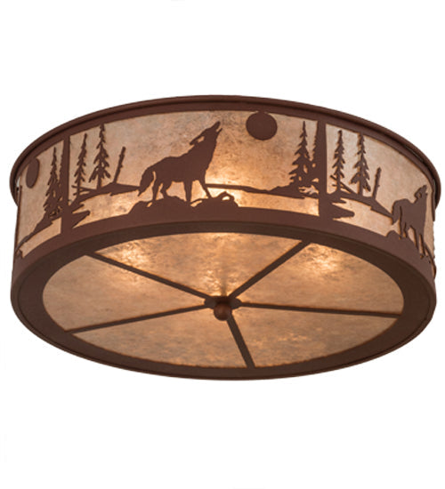 Meyda Lighting Wolf on the Loose 23" 4-Light Rust Flush Mount Light With Silver Mica Shade Glass