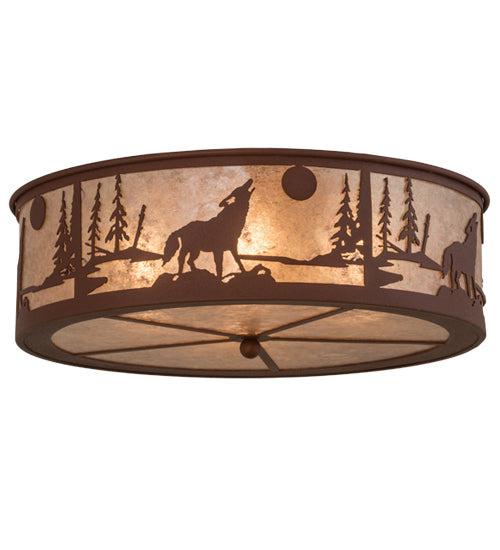 Meyda Lighting Wolf on the Loose 23" 4-Light Rust Flush Mount Light With Silver Mica Shade Glass