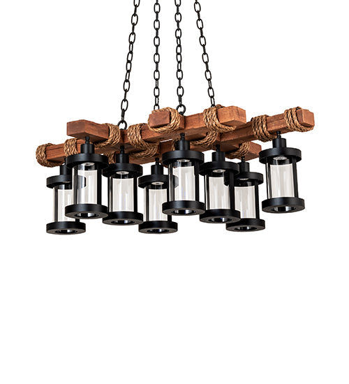 Meyda Lighting Wood Beam 42" 8-Light Textured Black & American Walnut Chandelier With Clear Crystal Idalight Shade