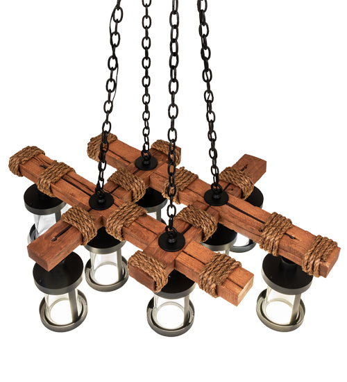 Meyda Lighting Wood Beam 42" 8-Light Textured Black & American Walnut Chandelier With Clear Crystal Idalight Shade