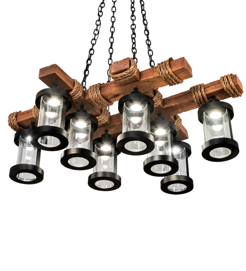 Meyda Lighting Wood Beam 42" 8-Light Textured Black & American Walnut Chandelier With Clear Crystal Idalight Shade