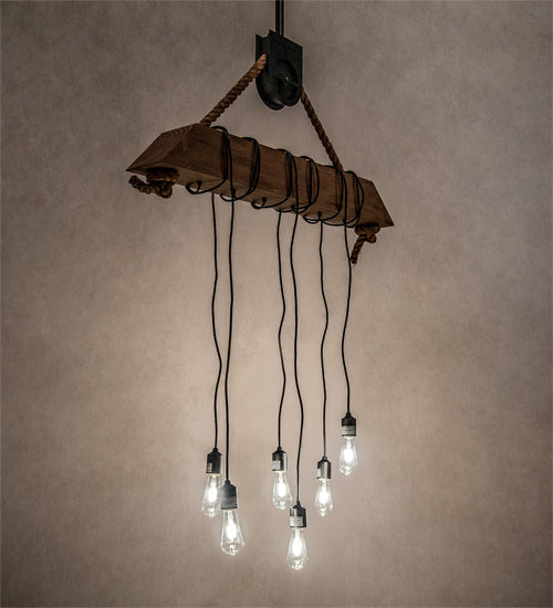 Meyda Lighting Wood Beam 44" 6-Light Textured Black & Old Distressed Wood Pendant Light