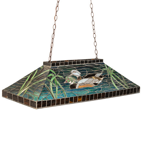 Meyda Lighting Wood Ducks 39" 3-Light Mahogany Bronze island Pendant Light With Multi-Colored Shade Glass