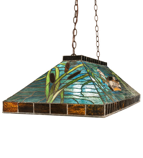 Meyda Lighting Wood Ducks 39" 3-Light Mahogany Bronze island Pendant Light With Multi-Colored Shade Glass