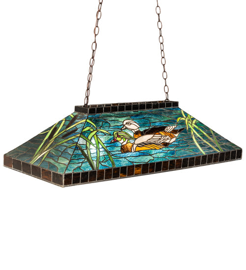 Meyda Lighting Wood Ducks 39" 3-Light Mahogany Bronze island Pendant Light With Multi-Colored Shade Glass