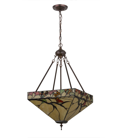 Meyda Lighting Woodland Berries 22" 3-Light Mahogany Bronze Inverted Pendant Light With Multi-Colored Shade Glass