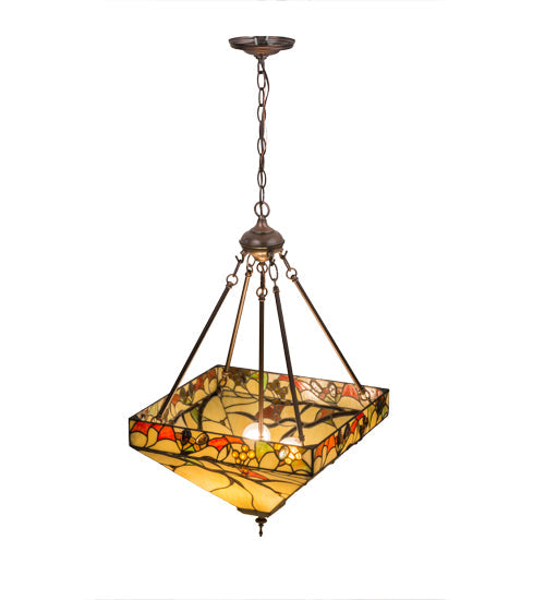 Meyda Lighting Woodland Berries 22" 3-Light Mahogany Bronze Inverted Pendant Light With Multi-Colored Shade Glass
